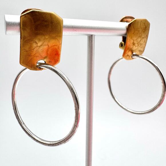 Marjorie Baer MB SF Hoop Earrings Mixed Metal Brutalist Industrial Clip On Artsy - Picture 6 of 16